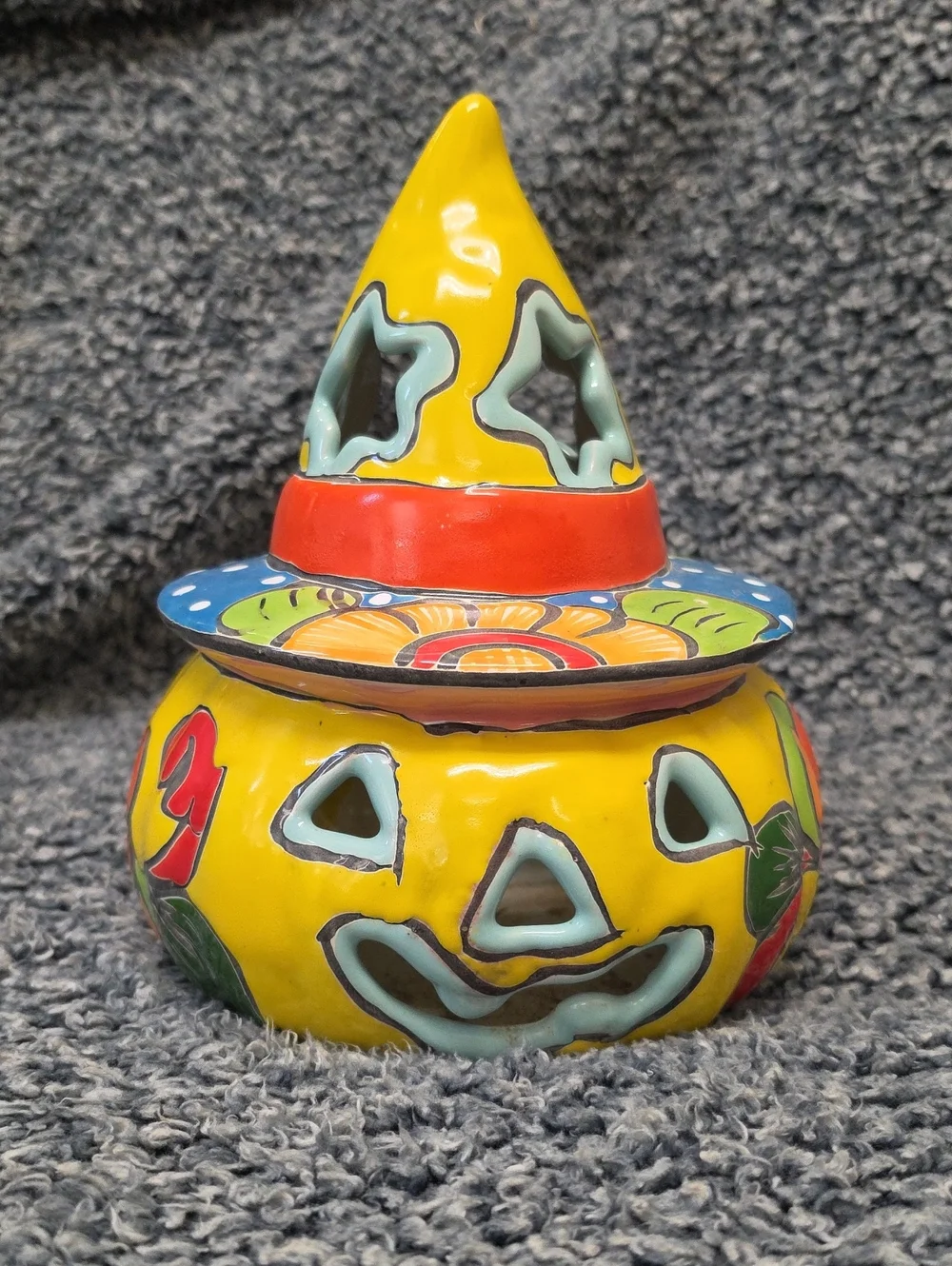 Hand-Painted Yellow Ceramic Halloween Jack-O'-Lantern with Hat